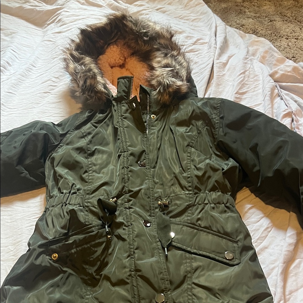 Green Parka with Faux Fur Hood